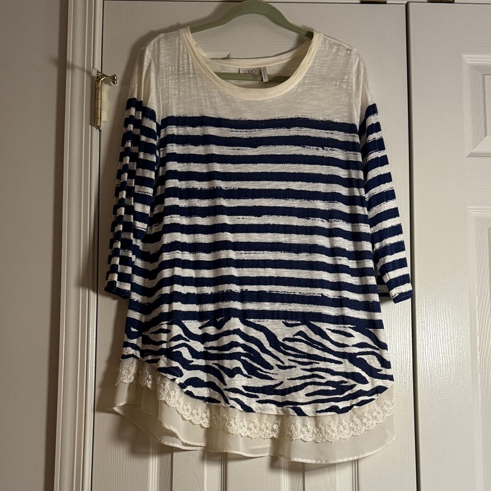 LOGO by Lori Goldstein Striped Navy and White Top - Size L